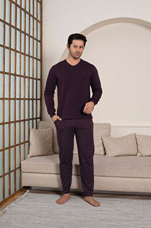 Erkek Bisiklet Yaka Düğmesiz Ekose Desen Modal Mevsimlik Uzun Kol Manşetli Cepli Pijama Takımı