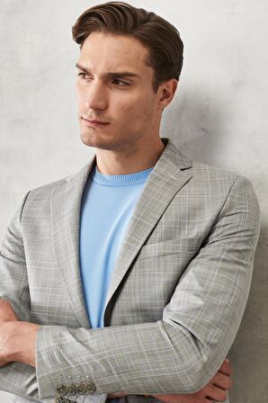 Erkek Gri-mavi Ekstra Slim Fit Dar Kesim Mono Yaka Kareli Klasik Takım Elbise