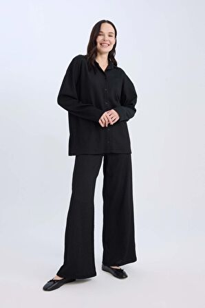 Straight Fit Beli Lastikli Basic Düz Bürümcük Geniş Paça Pantolon