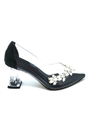 248101 Siyah Kadın Şeffaf Taşlı Abiye Ayakkabı