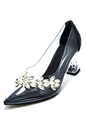 248101 Siyah Kadın Şeffaf Taşlı Abiye Ayakkabı