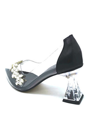 248101 Siyah Kadın Şeffaf Taşlı Abiye Ayakkabı