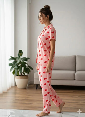 KADIN PEMBE DÜĞMELİ PİJAMA TAKIM