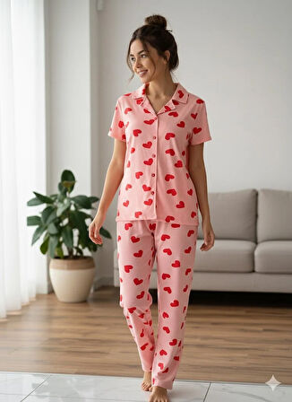 KADIN PEMBE DÜĞMELİ PİJAMA TAKIM