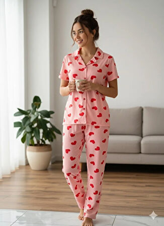 KADIN PEMBE DÜĞMELİ PİJAMA TAKIM