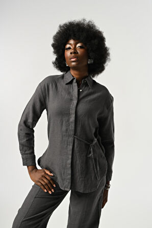 KADIN %100 KETEN ÖNÜ BAĞLAMA DETAYLI GÖMLEK