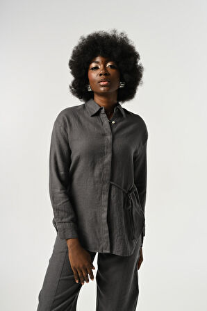 KADIN %100 KETEN ÖNÜ BAĞLAMA DETAYLI GÖMLEK