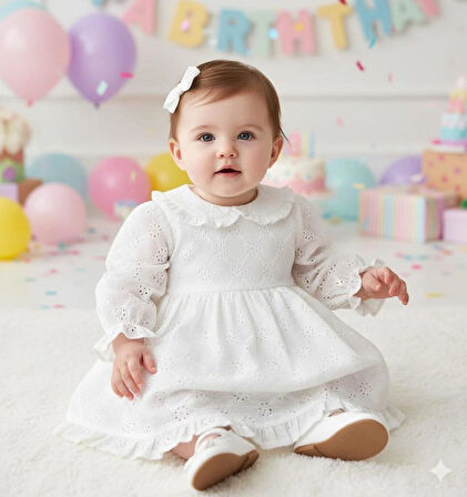  Beyaz Uzun Kollu Fisto Yaka Detaylı Kız Çocuk Elbise - Jesicca
