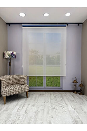 LUNA Serisi Beyaz Tül Mavi Stor Perde Işık Kontrollü, Çift Mekanizmalı, Kolay Montaj