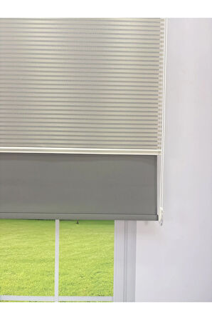 LUNA Serisi Açık Gri Tül Antrasit Gri Stor Perde Işık Kontrollü, Çift Mekanizmalı, Kolay Montaj