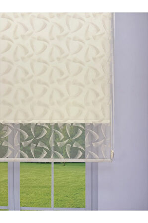 NOVA Serisi – Üç Yaprak Desenli Çift Mekanizmalı Bej Tül Stor Krem Perde