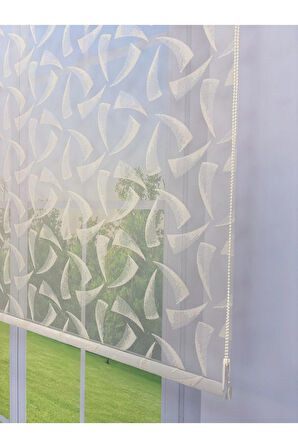 NOVA Serisi – Üç Yaprak Desenli Çift Mekanizmalı Bej Tül Stor Krem Perde