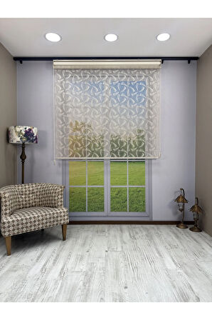 NOVA Serisi – Üç Yaprak Desenli Çift Mekanizmalı Bej Tül Stor Krem Perde