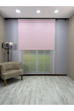 OLYMPOS Serisi – Kırçıl Desenli Çift Mekanizmalı Beyaz Tül Pembe Stor Perde