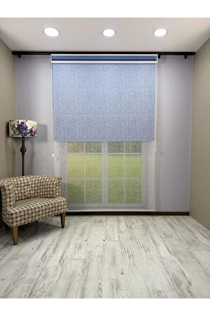 OLYMPOS Serisi – Kırçıl Desenli Çift Mekanizmalı Beyaz Tül Mavi Stor Perde