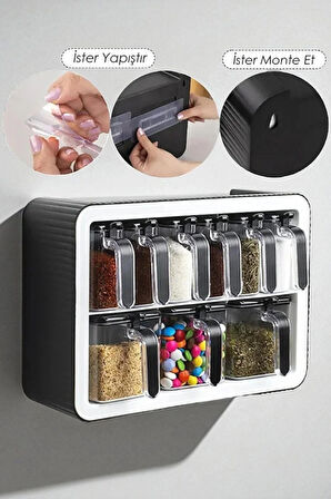 9'lu Kendinden Kaşıklı Duvara Monteli Baharatlık Seti Standlı Mutfak Düzenleyici