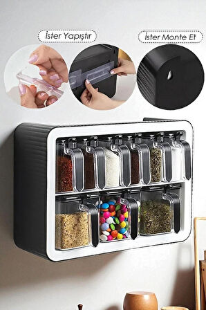 9'lu Kendinden Kaşıklı Duvara Monteli Baharatlık Seti Standlı Mutfak Düzenleyici