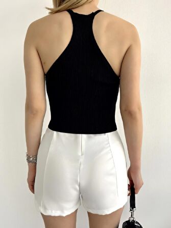 Taş Aksesuarlı Fitilli Triko Crop