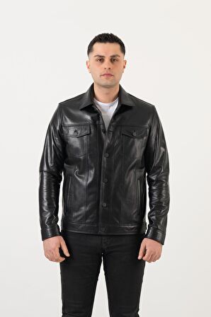 Deri Effect Erkek Siyah Kot Model Düğmeli Hakiki Deri Ceket