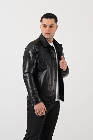Deri Effect Erkek Siyah Kot Model Düğmeli Hakiki Deri Ceket