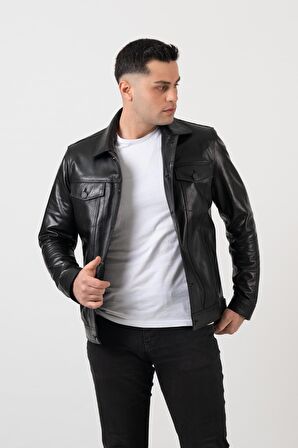 Deri Effect Erkek Siyah Kot Model Düğmeli Hakiki Deri Ceket