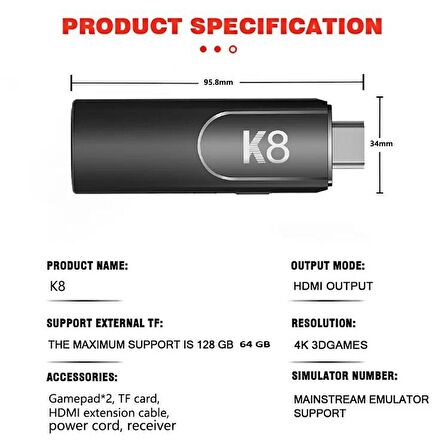 BYOZTEK K8 GAMESTİCK Taşınabilir mini oyun konsolu 64G 4K HD Retro oyun konsolu 