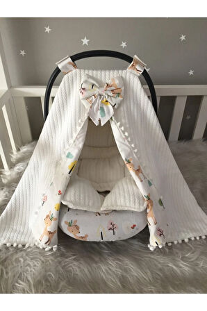 Beyaz Örgü ve Ceylan Tasarım Ponponlu Puset Örtüsü Çarşafı ve Puset Minderi 3'lü Set