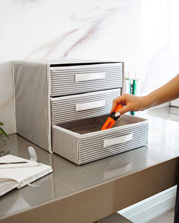 3 Bölmeli Kapaklı Çekmece Düzenleyici Hurç - Katlanabilir Kumaş Organizer