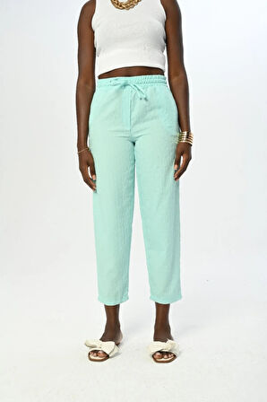 KADIN RAHAT KALIP BELİ LASTİKLİ DESENLİ DÜZ RENK PANTOLON