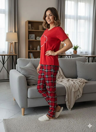 KADIN KIRMIZI YAZLIK PİJAMA TAKIM