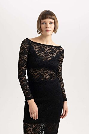 DeFacto Slim Fit Omuzu Açık Uzun Kollu Dantel Tişört B6647AX23WNBK81