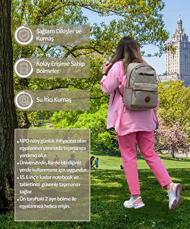 NPO Enjoy 16" Unisex Notebook& Günlük Sırt Çantası-Cordura Bej (NJ01CB)