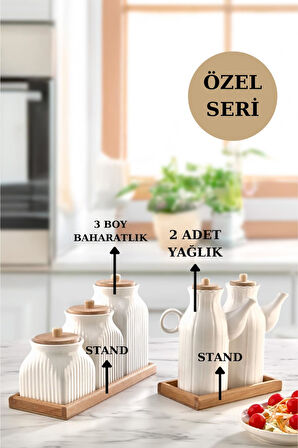 7 Parça Standlı Vakumlu Yağdanlık Ve 3'Lü Çay Şeker Kahve Baharat Seti Ve Türk Kahve Kavanoz Seti
