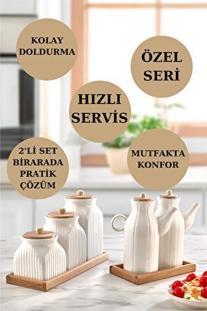 7 Parça Standlı Vakumlu Yağdanlık Ve 3'Lü Çay Şeker Kahve Baharat Seti Ve Türk Kahve Kavanoz Seti