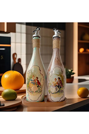 Özel Tasarım Vintage Desenli Sunum Stantlı 2'li 750 ml Zeytinyağı Sıvıyağ Şişesi Yağdanlık Yağlık