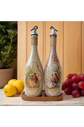 Özel Tasarım Vintage Desenli Sunum Stantlı 2'li 750 ml Zeytinyağı Sıvıyağ Şişesi Yağdanlık Yağlık