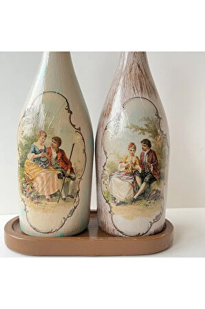 Özel Tasarım Vintage Desenli Sunum Stantlı 2'li 750 ml Zeytinyağı Sıvıyağ Şişesi Yağdanlık Yağlık
