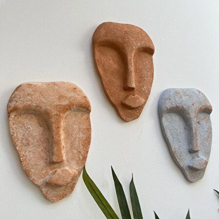 El Yapımı Taş Heykel Soyut Yüz Maske 3'li Set, Modern beton,eskitme taş görünümlü duvar dekor
