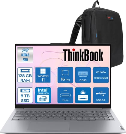 Lenovo Thinkbook 16 Gen 8 Ial Intel Core Ultra 5 225U 128GB Ddr5 8tb SSD Windows 11 Pro Intel Aı Boost 16 Inç Wuxga (1920 x 1200) IPS 300NITS Taşınabilir Bilgisayar 21SK007VTXP63 + Zetta Çanta