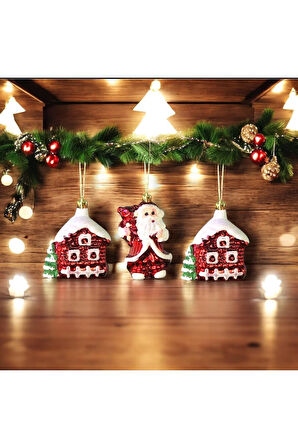 Yılbaşı Süsü 3'lü Noel Baba ve Ev Kırmızı 6 cm