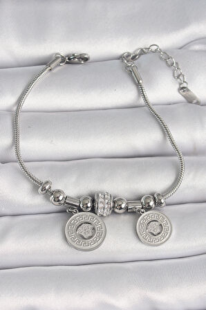 316L Çelik Gümüş Renk Tüp Zincir Madalyon Model Zirkon Taş Detaylı Kadın Bileklik