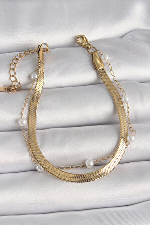 316L Çelik Gold Renk 2'Li İtalyan Zincir Model İnci Detay Kadın Bileklik