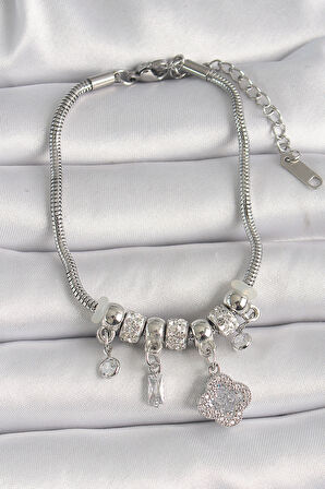 Pirinç Gümüş Renk Zincir Sallantı Zirkon Taşlı Yonca Figür Kadın Bileklik