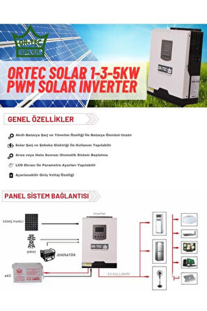 Ortec Solar 12V 1Kw/1000VA PWM Tam Sinüs Akıllı İnverter