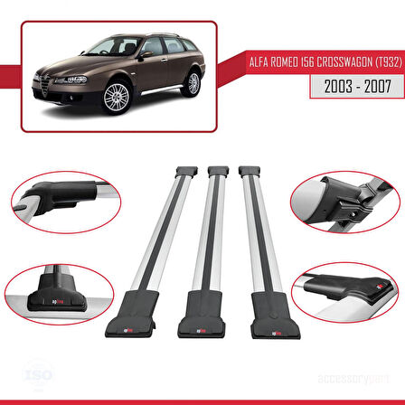 Alfa Romeo 156 (T932) Crosswagon 2003-2007 Arası ile Uyumlu FLY Model Ara Atkı Tavan Barı Gri 3 Adet