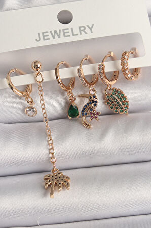 Pirinç Gold Renk Sallantı Zirkon Taşlı Ağaç Figür Kadın Küpe Seti