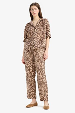 Carrot Fit Leopar Desenli Modal Kumaş Pantolon Çift Cepli Yüksek Bel Düz Paça