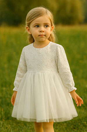 Kız Bebek Çocuk Dantel Güpürlü Doğum Günü Parti Düğün Özel Gün Tüllü Astarlı Prenses Abiye Elbise