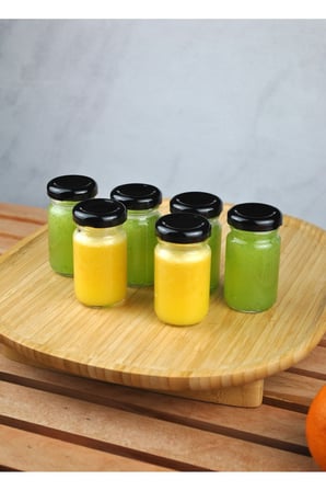 6 Adet Şeffaf Cam Shot Detoks Şişesi 67 ml Sızdırmaz Siyah Metal Kapaklı Mini Kavanoz