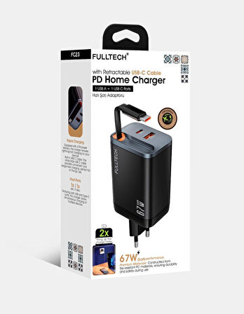 67W HIZLI ŞARJ PREMİUM KALİTE DAHİLİ  TYPE-C + USB-A ÇIKIŞ, MAKARA SİSTEMLİ DAHİLİ TYPE-C KABLOLU